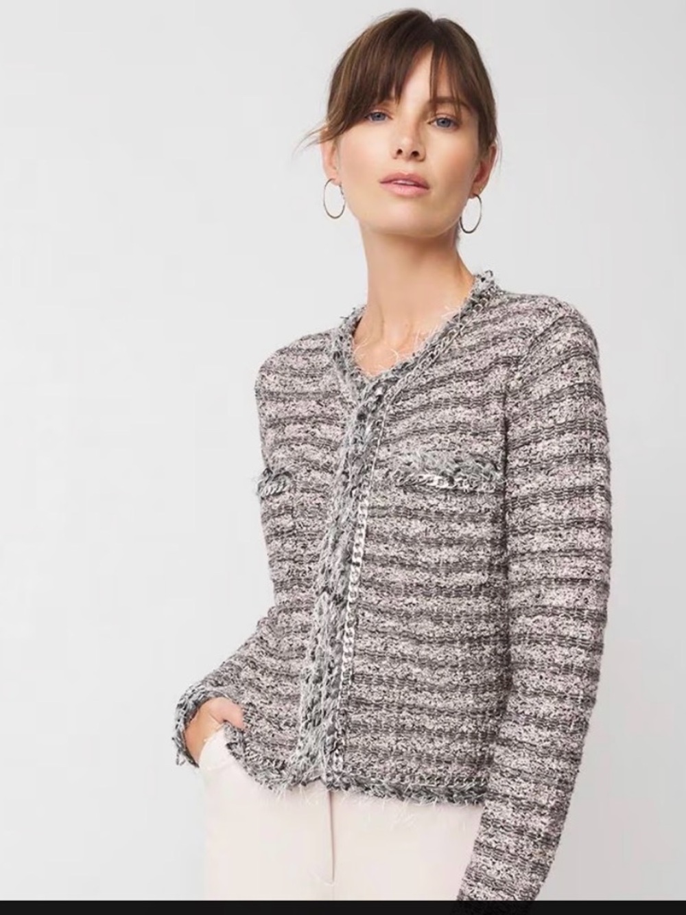 White House Black Market Gray Bouclé Fringe-Trimmed Knit Cardigan